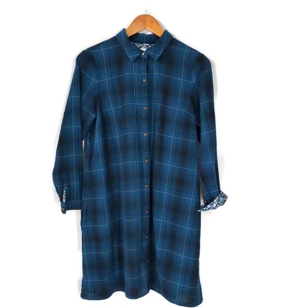 J. Jill Shirt Dress Plaid Floral Cotton Gauzy Button Front Flip Cuff Pockets MP